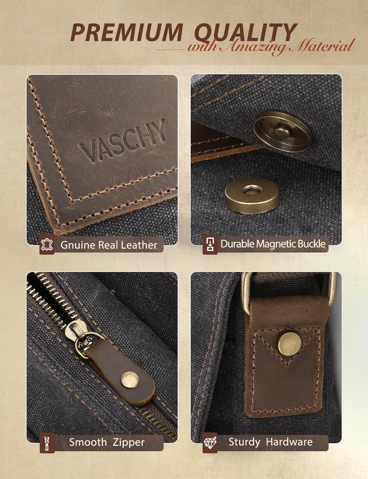 VASCHY Klein Umhängetasche Herren, Vintage Leinwand Herrentasche Echtes Leder Schultertasche Klassis