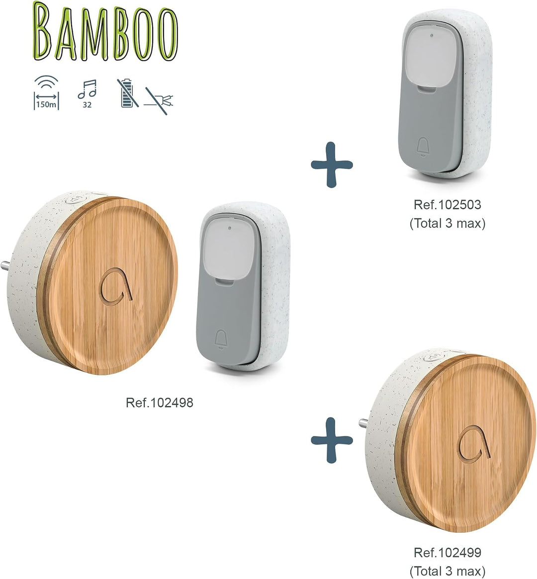 AVIDSEN Bamboo Funk Türklingel, umweltfreundlich, Bambus/recycelter Kunststoff, ohne Batterien, 150