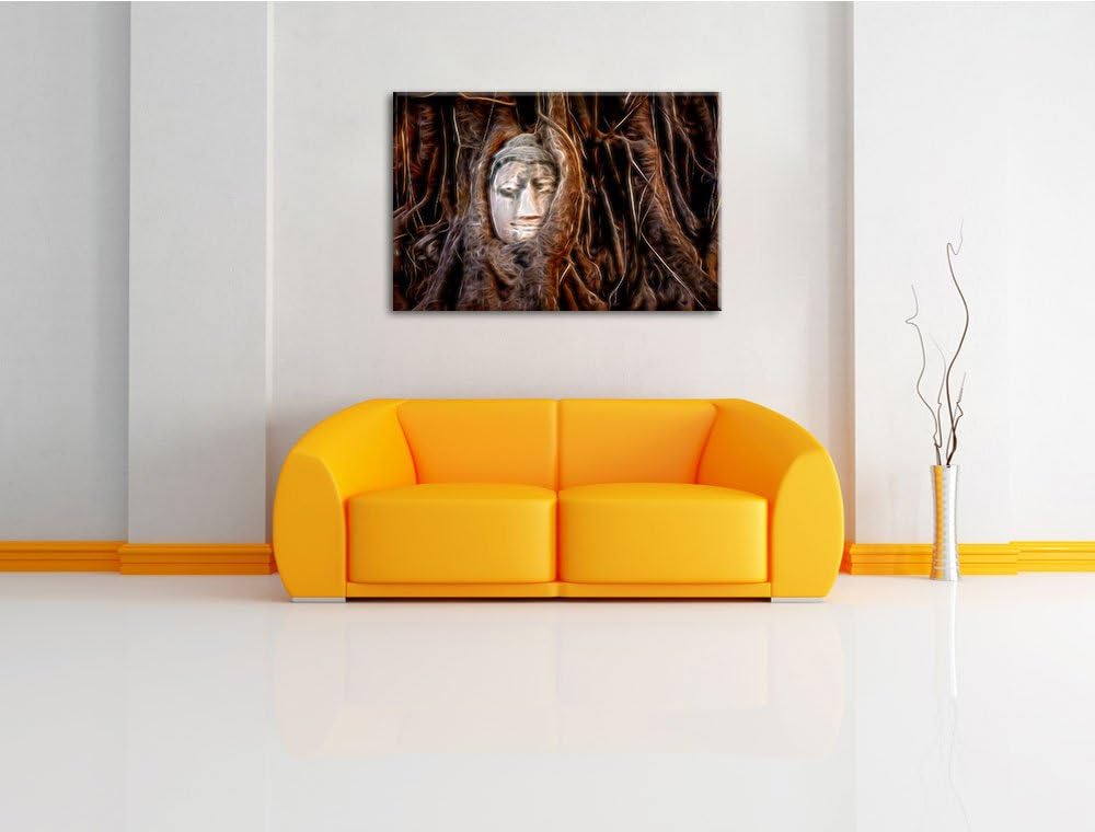 Kopf eines Buddhas versteckt zwischen Wurzeln abstrakt Format: 100x70 auf Leinwand, XXL riesige Bild