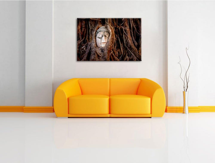Kopf eines Buddhas versteckt zwischen Wurzeln abstrakt Format: 100x70 auf Leinwand, XXL riesige Bild