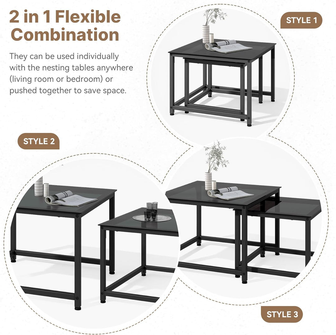 Hawthyhome 2 Stücke quadratisch Set, Couchtisch aus Glas mit Metallrahmen,Moderne Kaffeetische Satzt