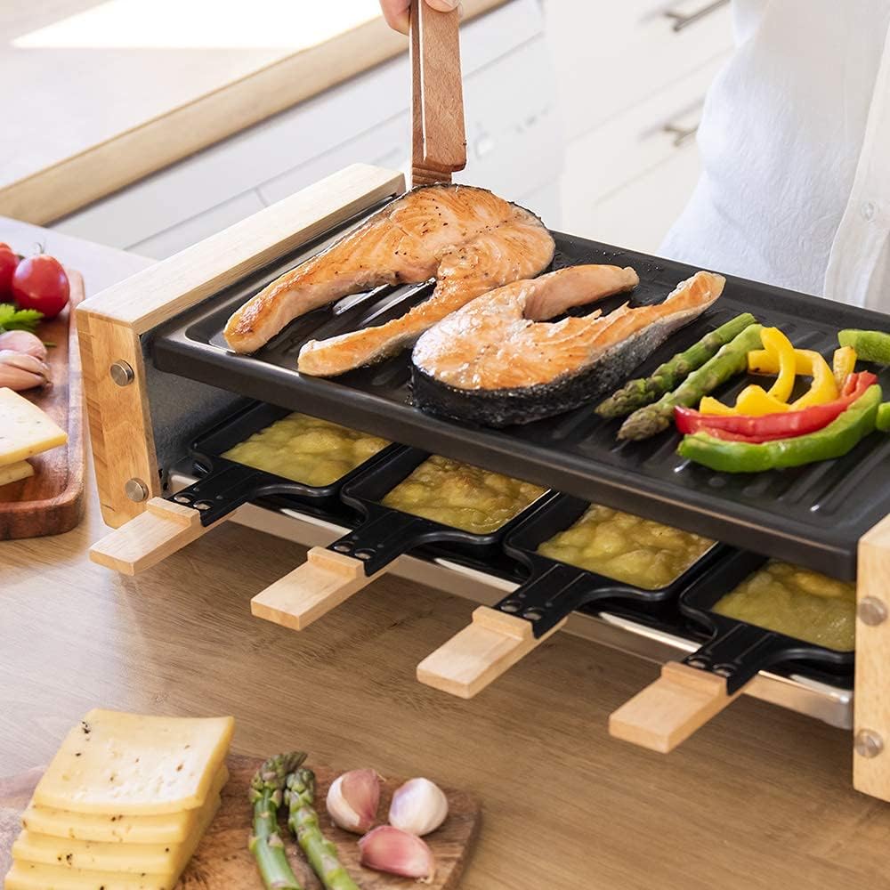 Cecotec Holz Raclette Käse & Grill 8200 Holz Schwarz. 1200 W, Grillfläche, 8 Einzelpfannen, Antihaft