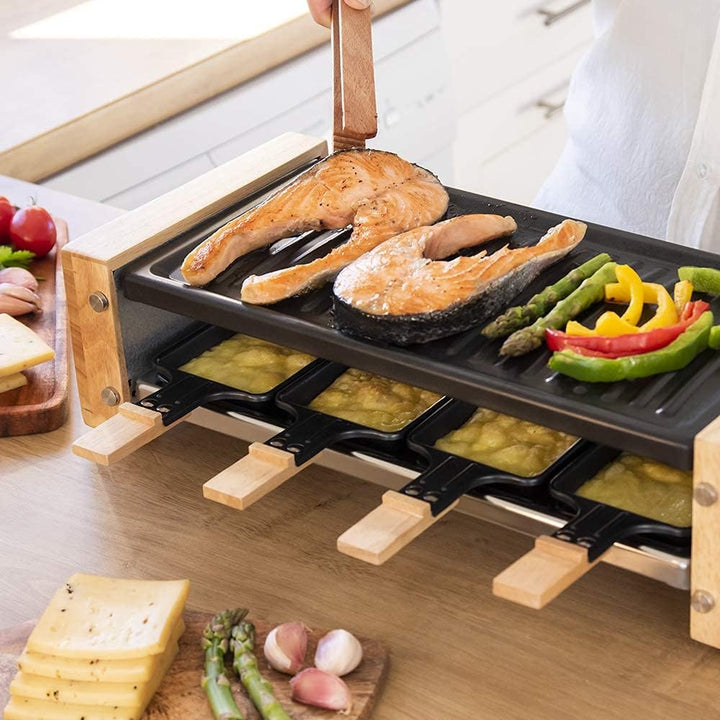 Cecotec Holz Raclette Käse & Grill 8200 Holz Schwarz. 1200 W, Grillfläche, 8 Einzelpfannen, Antihaft