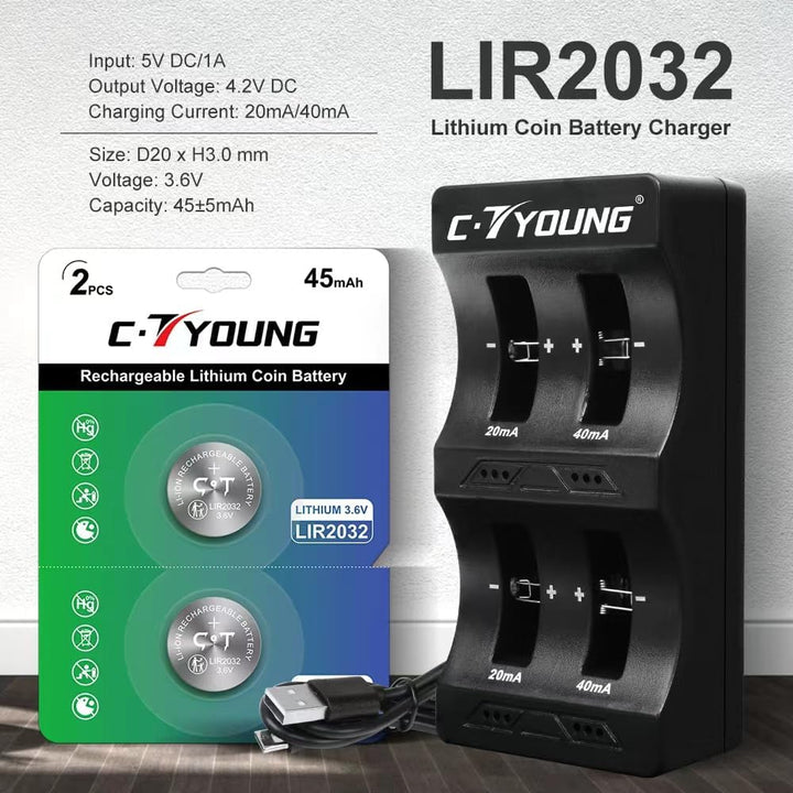 Wiederaufladbare LIR2032 3.6V Knopfzellenbatterien (6 Stück) mit Ladegerät – Ersatz für CR2032 3V- m