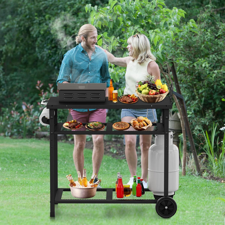 multifunktionaler Grillwagen, 3-Etagen Grill-Esswagen, Küchenwagen mit Papierhandtuchhalter und Hake