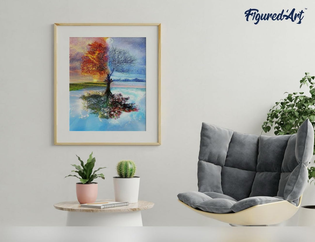 Figured'Art Malen Nach Zahlen Erwachsene Mit Rahmen Baum in vier Jahreszeiten - Paint by Numbers Bas