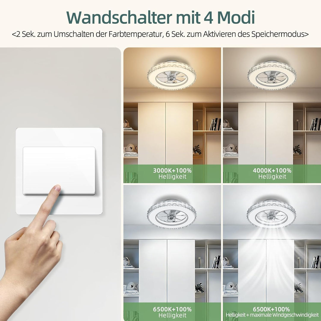 Ateroll Deckenventilator mit Beleuchtung Ø43.5CM, Kristall Deckenventilator Dimmbar (3000K-4000K-650