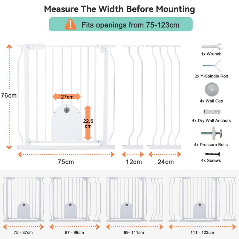 COMOMY Treppenschutzgitter/Türschutzgitter Ohne Bohren, 75-123cm Automatisch Schliessendes Hundegitt