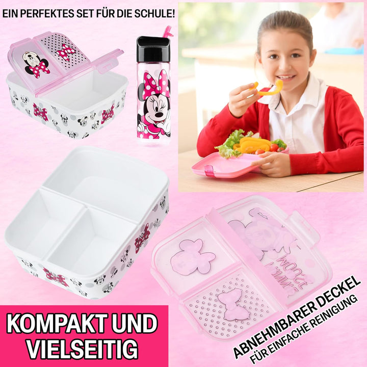 Disney Minnie Mouse Kinder Lunchbox mit Fächern und Wasserflasche für Schule und Ausflüge (Rosa), Ro