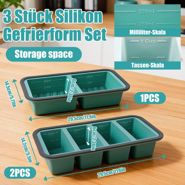 3 Stück Souper Cubes Set Silikon Gefrierform, 250ml & 500ml Fassungsvermögen Extra Grosse Einfrieren