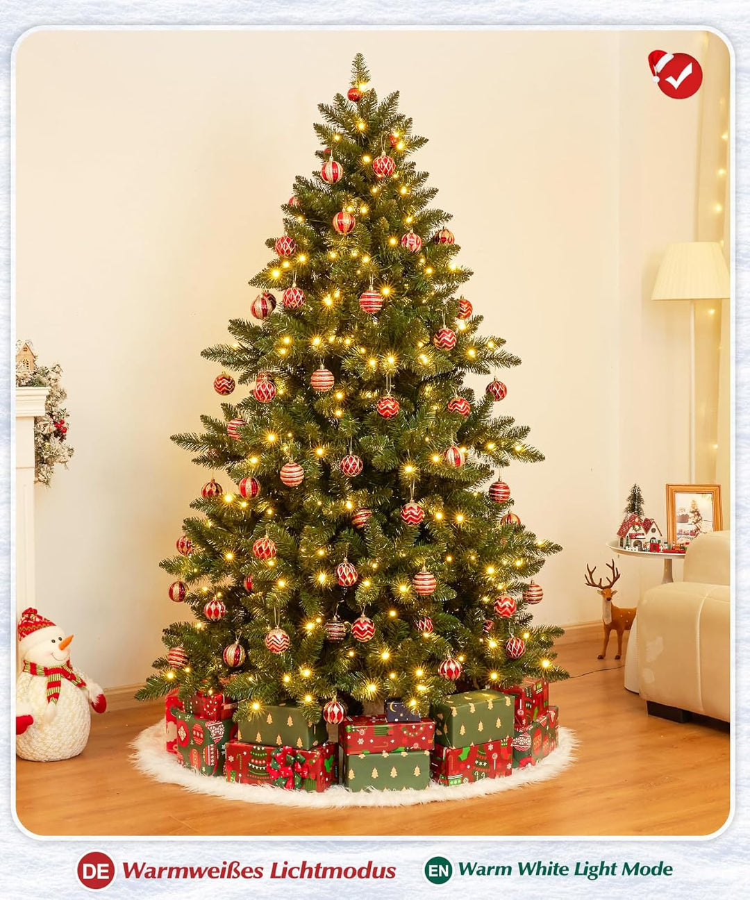 Yorbay Künstlicher Weihnachtsbaum mit Beleuchtung LED mit Holzständer für Weihnachten-Dekoration (18