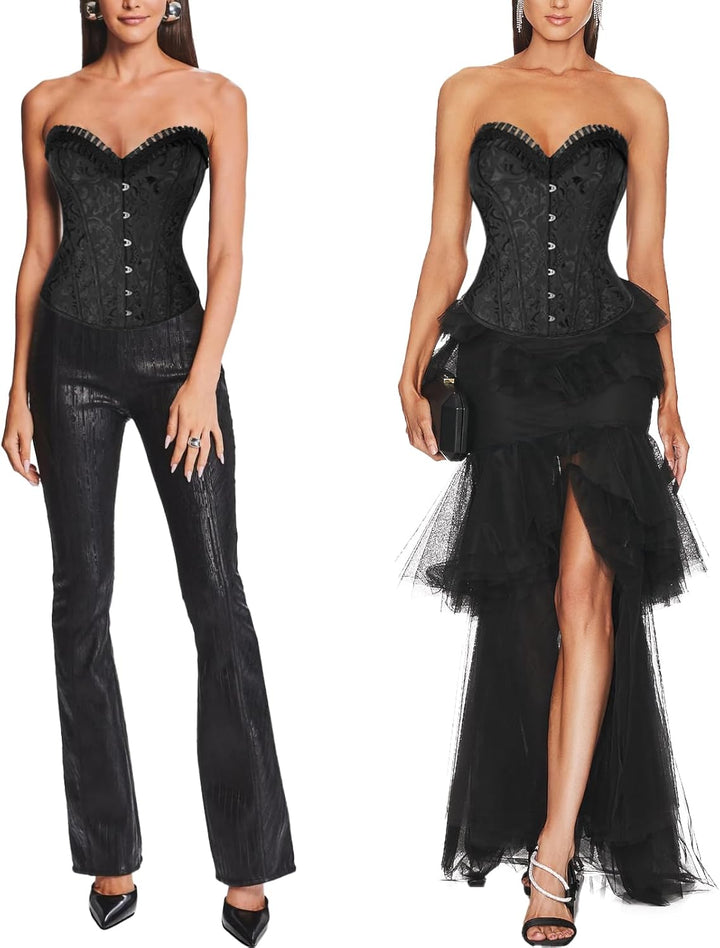 SLIMBELLE Damen Vintage Überbrust Korsett Klassische Bustier Stahlknochen Lace Up Sexy Top mit G-Str