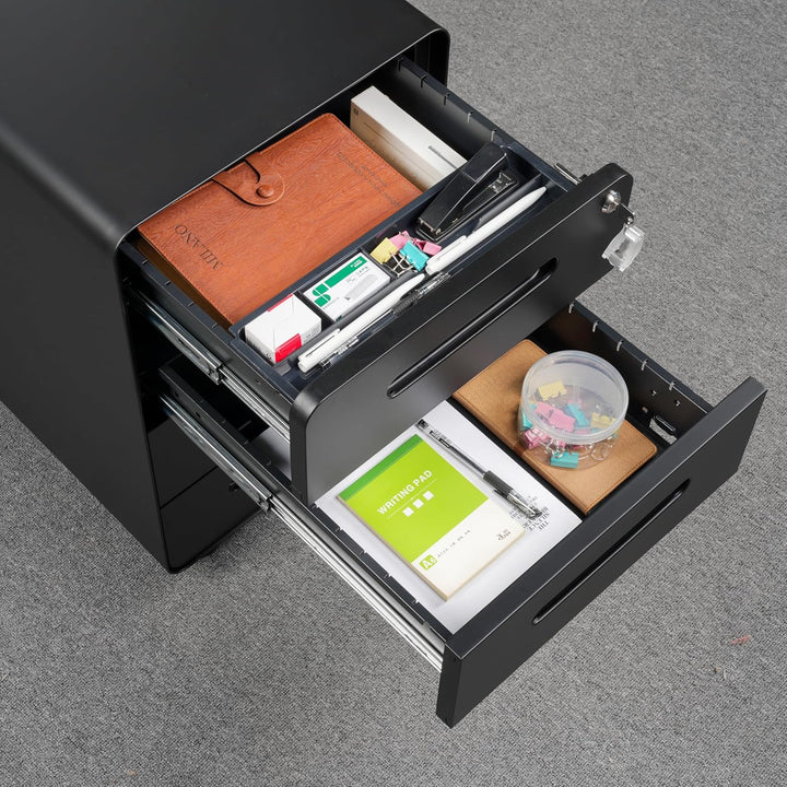 LVSTEEL Rollcontainer mit 4 Schubladen, Aktenschrank, Abgerundetes Eckendesign, Abschliessbar, 4 Sch