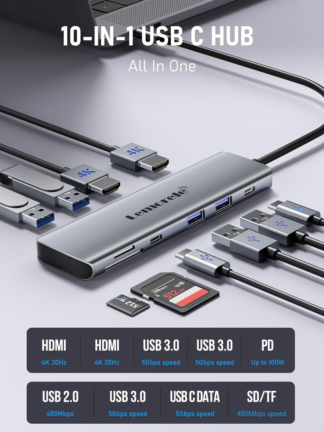 Lemorele Upgrade 10 in 1 USB C Docking Station - Aluminium Gehäuse Adapter Mit Dual HDMI 4K, 4 USB 3