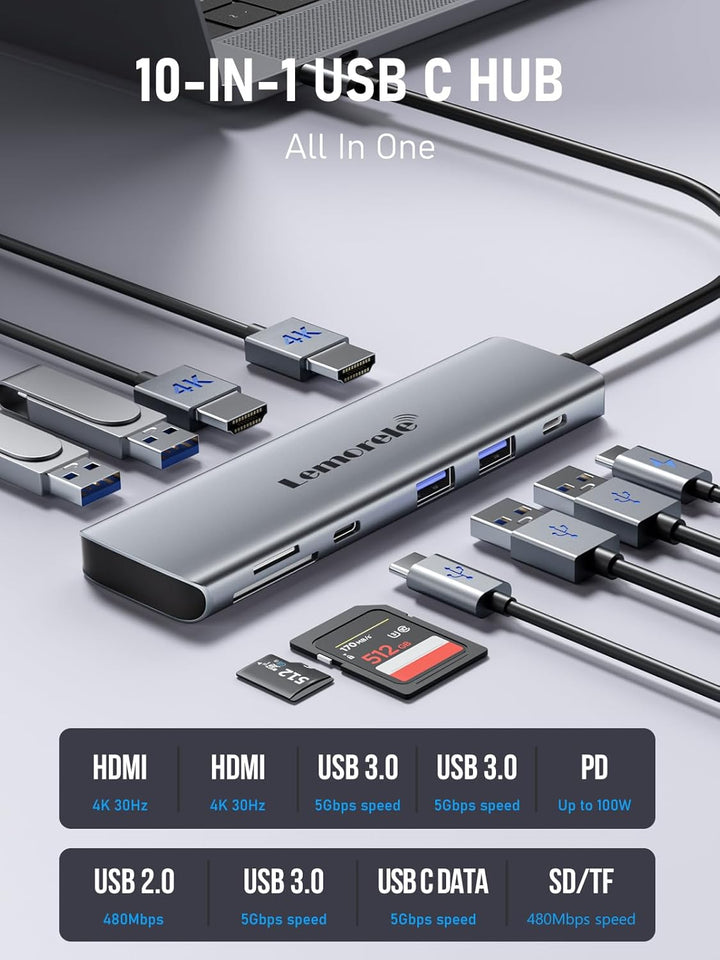Lemorele Upgrade 10 in 1 USB C Docking Station - Aluminium Gehäuse Adapter Mit Dual HDMI 4K, 4 USB 3