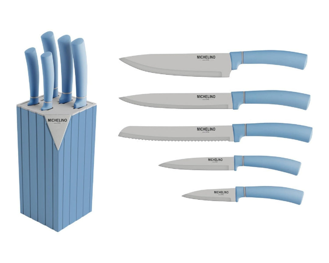 Michelino 6-tlg. Messerblock Serie Alythia Klingen Küchenmesser Kochmesser Messer Blau