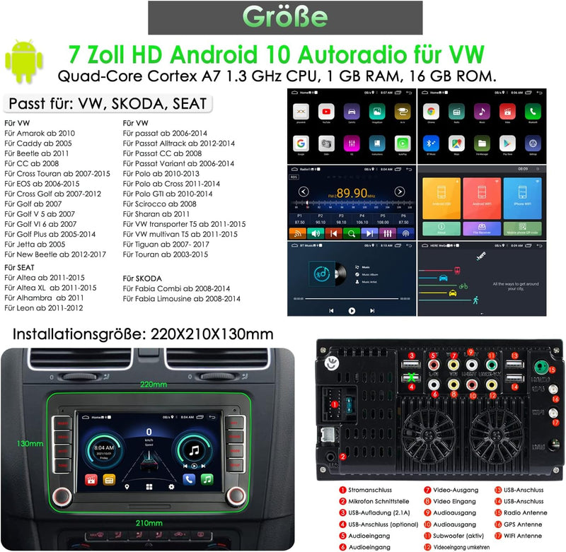 iFreGo Android Autoradio für VW Caddy,Touran,Skoda,Seat, Radio Bluetooth 7 Zoll 2 Din Autoradio Touc