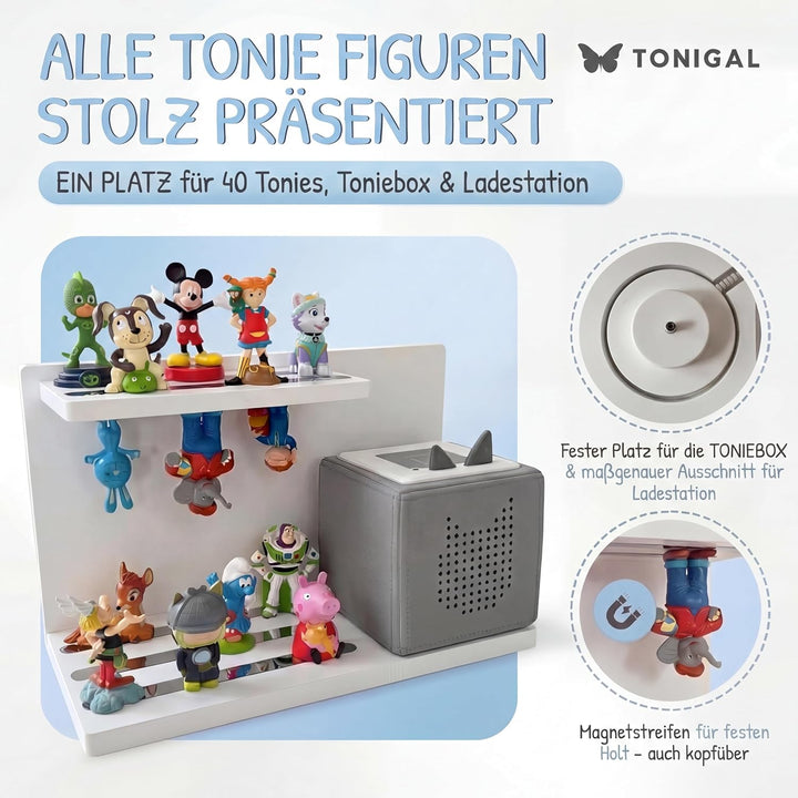 Tonie Regal Weiss zum Hinstellen stehend für bis zu 40 Tonie Figuren, Toniebox &amp; Ladestation I passe