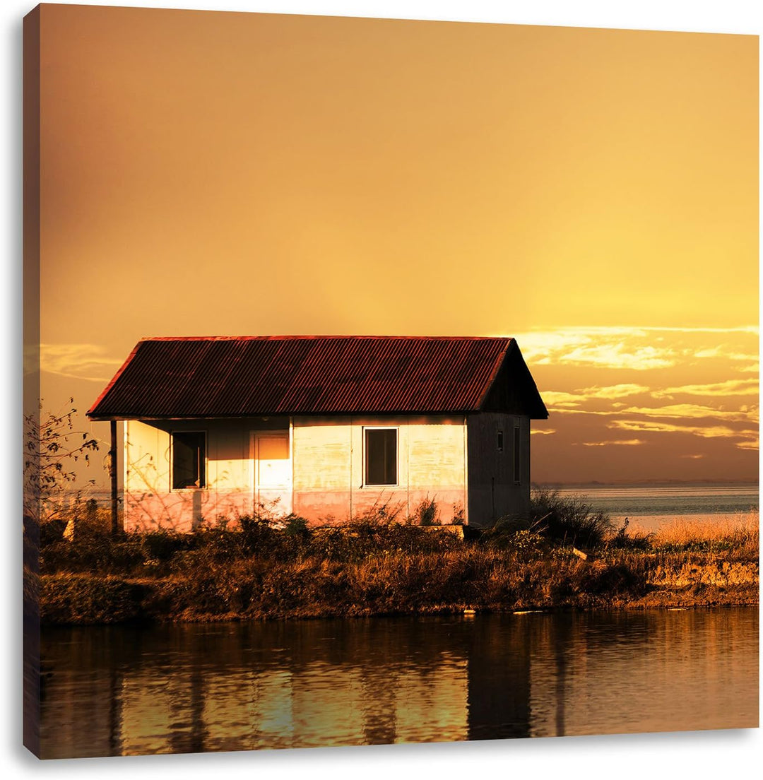 Pixxprint Haus am See bei Sonnenuntergang als Leinwandbild | Grösse: 70x70 cm | Wandbild| Kunstdruck