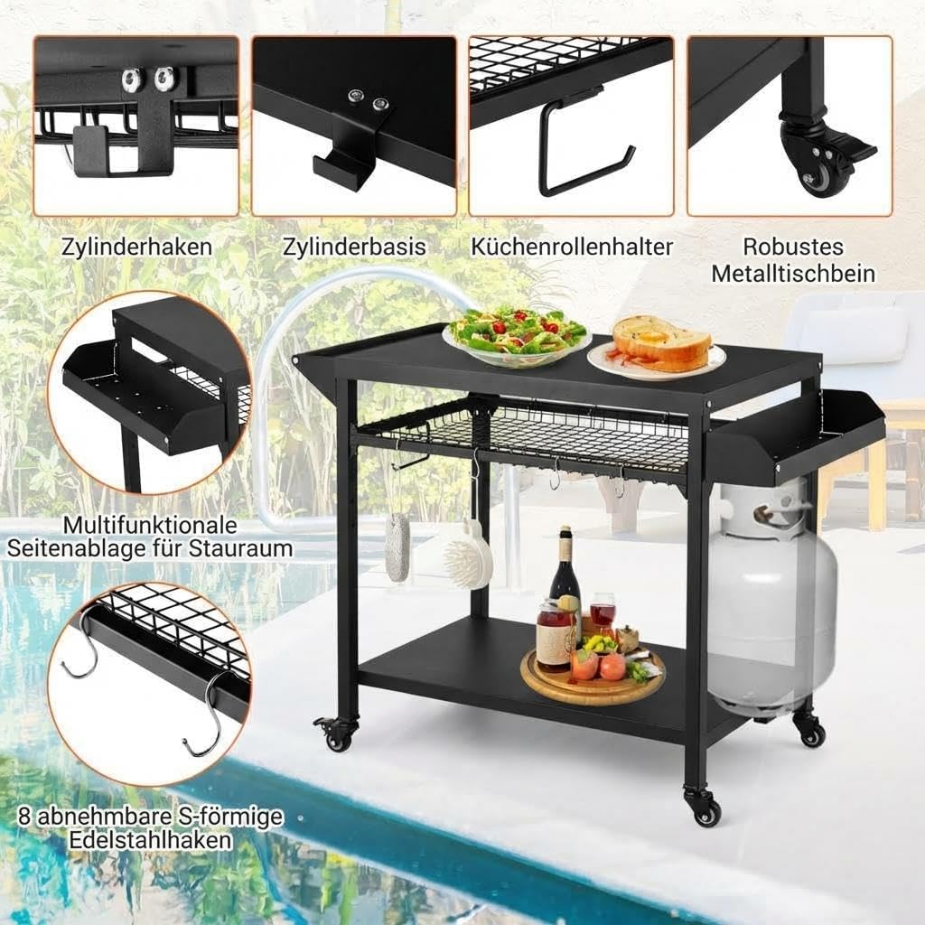 Garvee Grillwagen mit Rädern, Outdoor BBQ Tisch Pizzaofenständer, Beweglicher Vorbereitungstisch mit