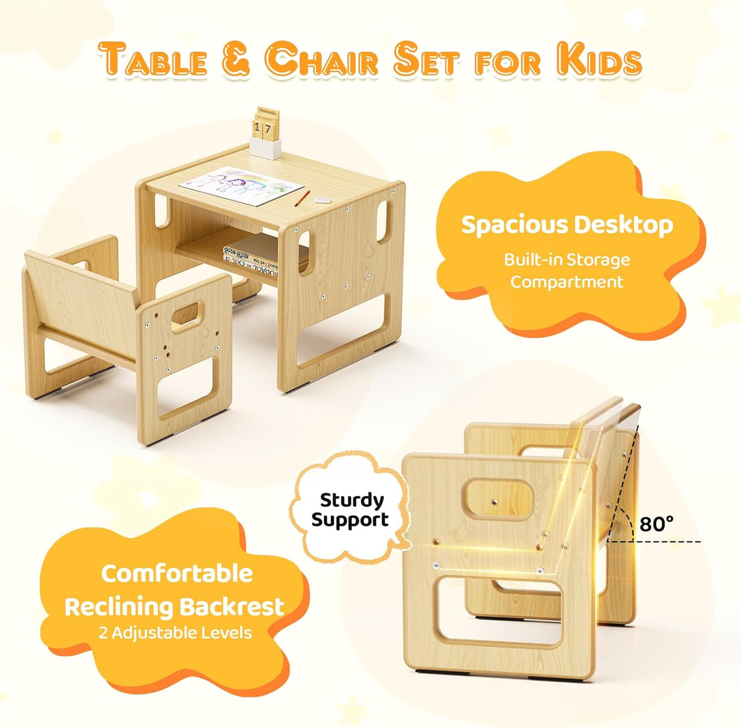 Children's Feeding Table and Chair Set, Montessori Wooden Children's Table, Game Desk with Storage S