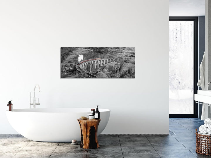 Glasbild Panorama | Wandbild aus Echtglas | Eisenbahnviadukt in Schottland | 100x40 cm | inkl. Aufhä