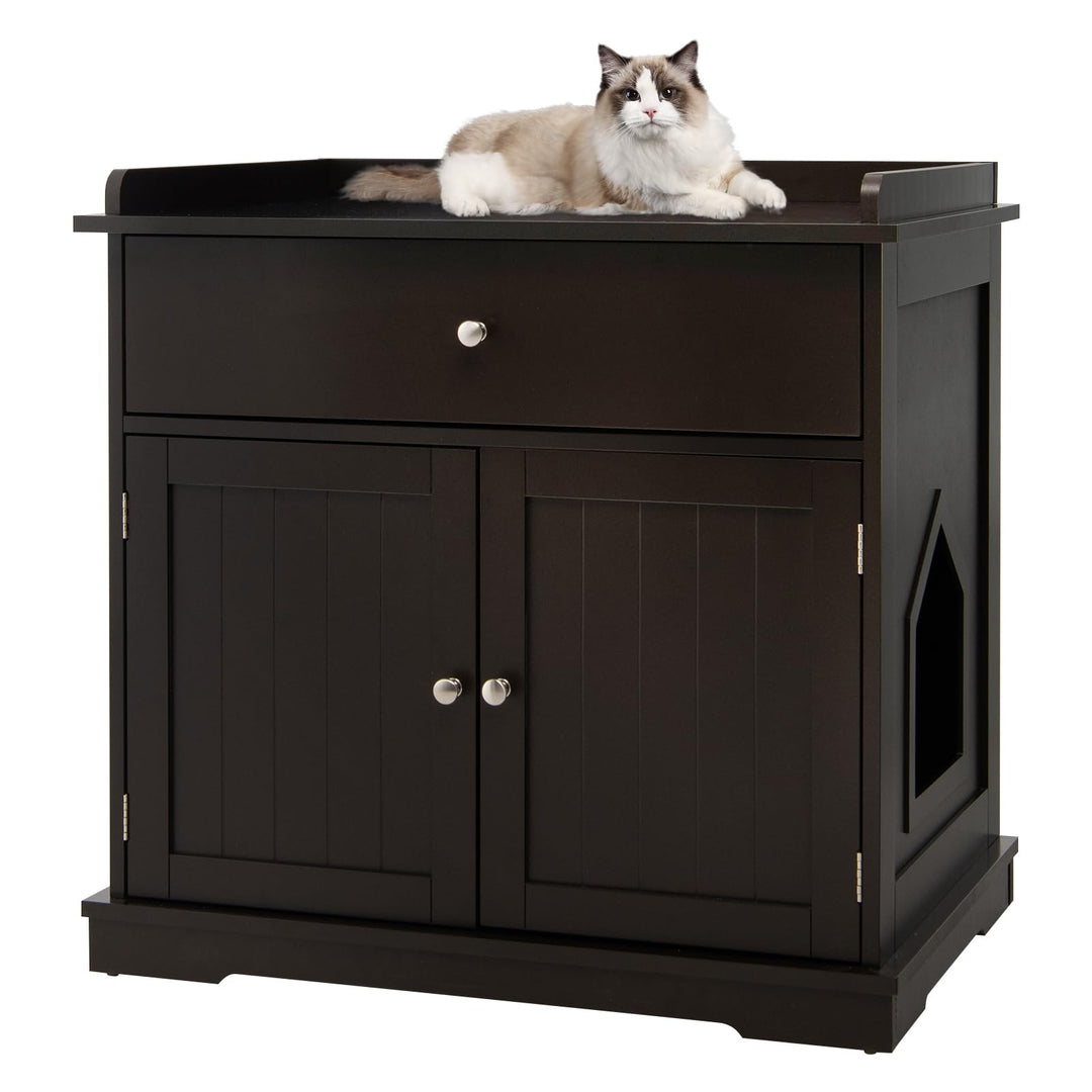 COSTWAY Katzenschrank mit Schublade & Tür & Eingang, 3-in-1 Katzenhaus Katzentoilette Beistelltisch,