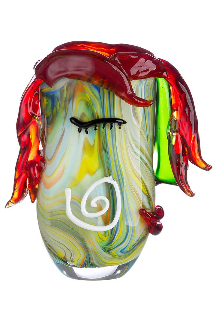 GILDE GLAS art Deko Vase - Gesichtsvase aus Glas - Kunstobjekt, Blumenvase Glasvase - Farbe: Rot/Grü