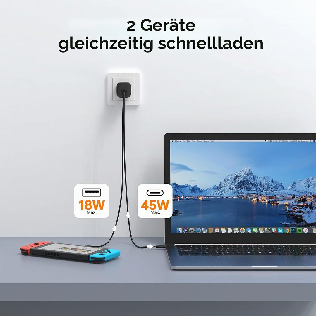 NOVOO 67 W USB-C-Ladegerät mit 2 Anschlüssen, GaN Ladegerät, schnelles Kompakt, faltbar, für Reise,