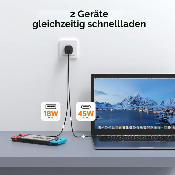 NOVOO 67 W USB-C-Ladegerät mit 2 Anschlüssen, GaN Ladegerät, schnelles Kompakt, faltbar, für Reise,