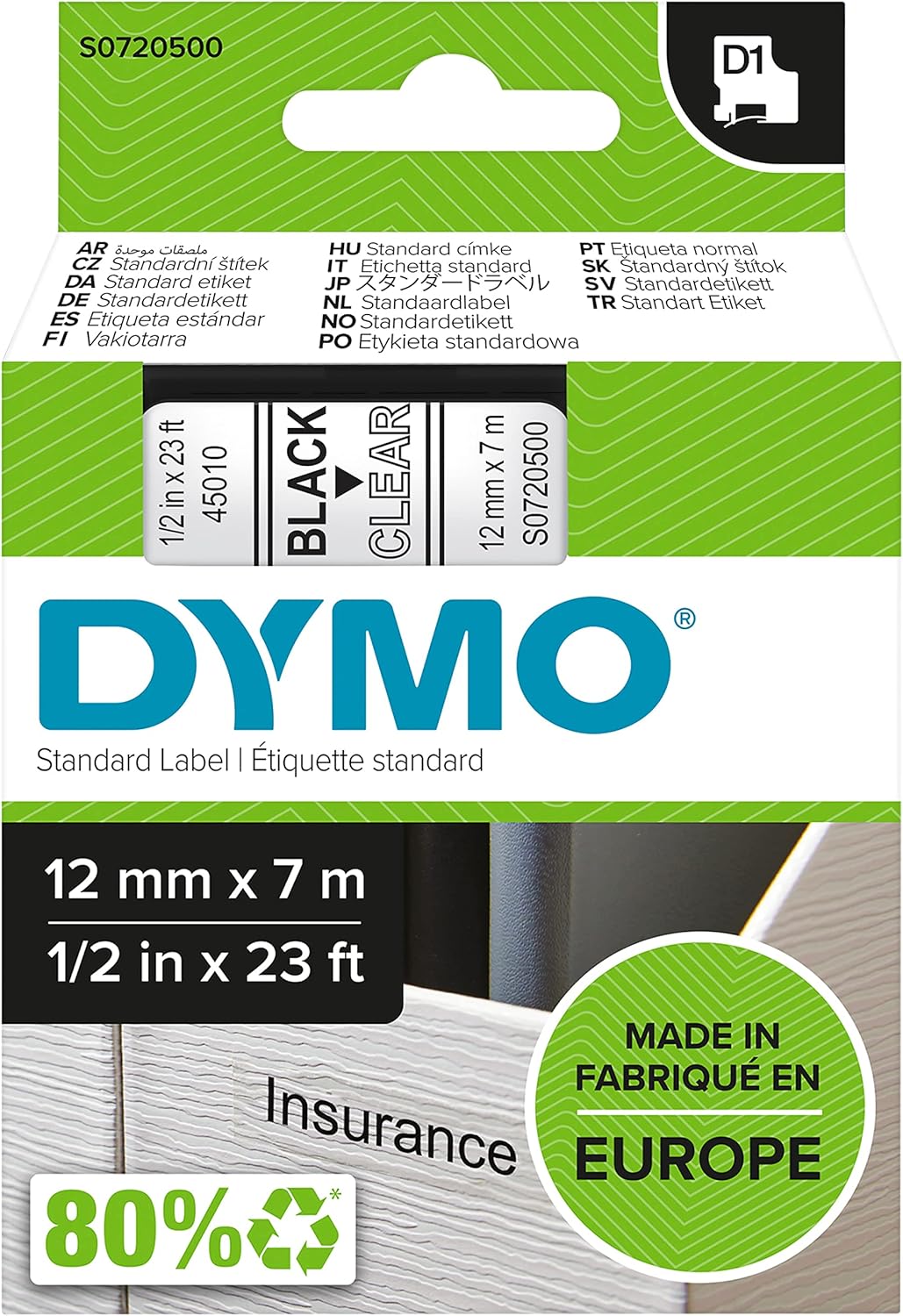 DYMO Original D1-Etikettenband | schwarz auf transparent | 12 mm x 7 m | selbstklebendes Schriftband