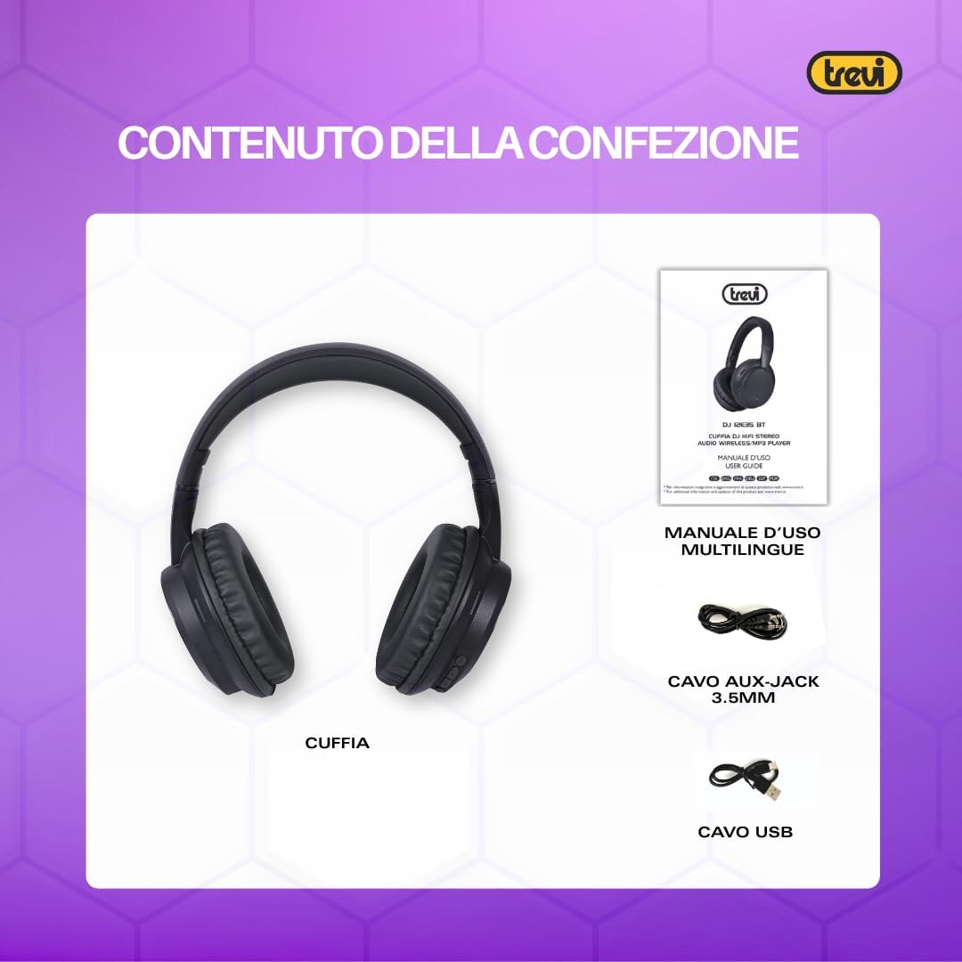 Trevi DJ 12E35 BT Kabellose Over-Ear-Kopfhörer, HiFi-Stereo-Kopfhörer mit Mikrofon, 8 Stunden Spielz