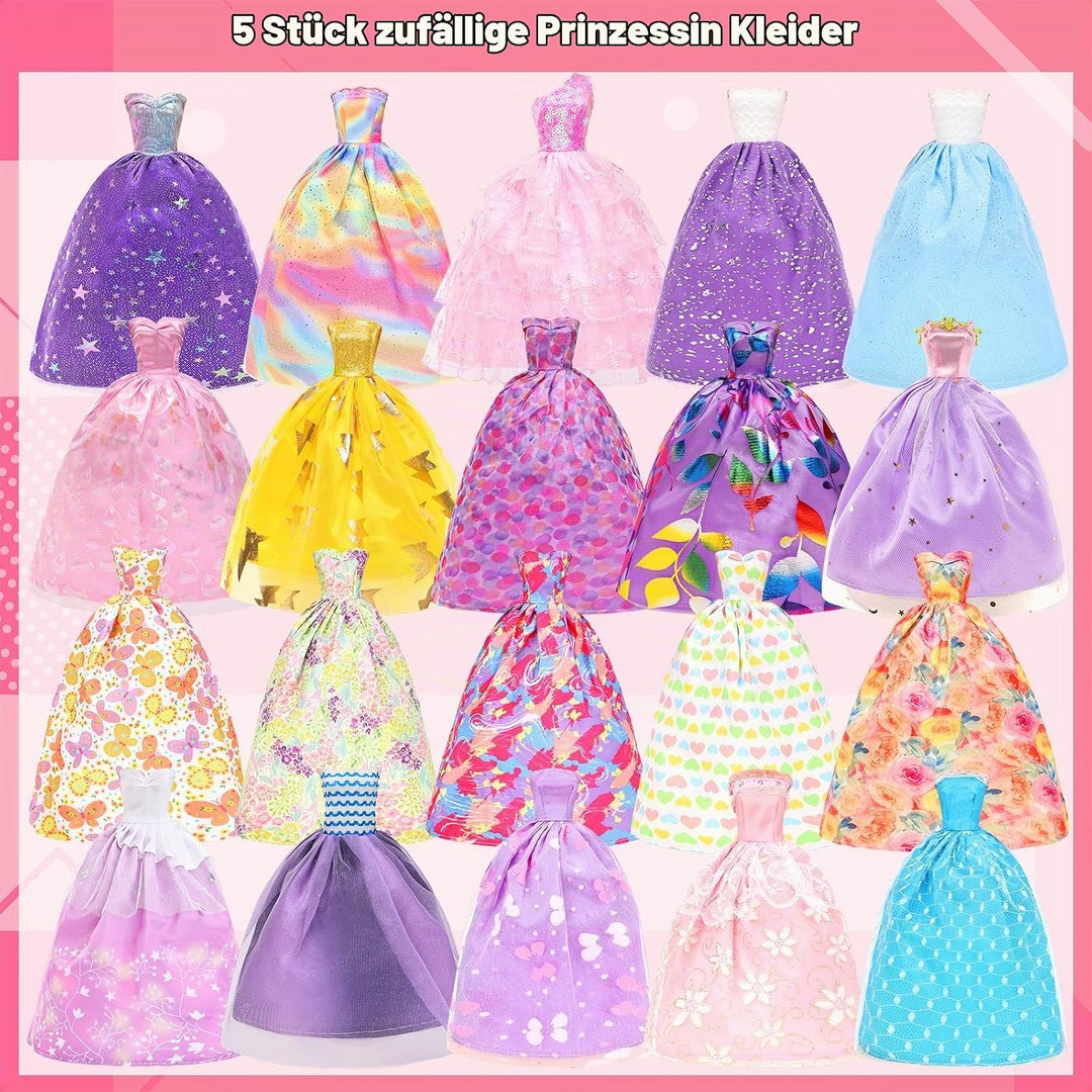 82 Stück Puppenzubehör 5 Abendkleider 3 Outfits 8 Kleider 2 Badeanzüge 15 Schuhe und 49 Puppenzubehö