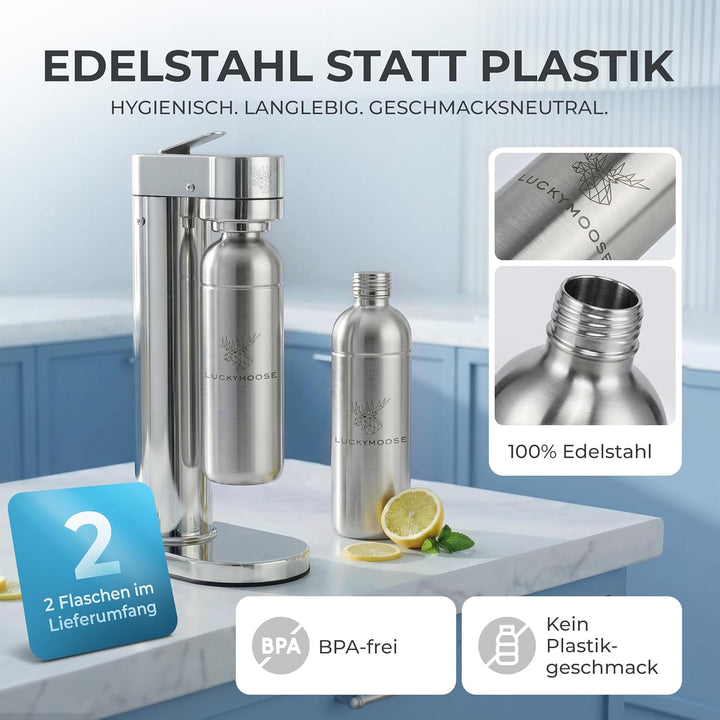 Infinity-S Wassersprudler aus hochwertigem Edelstahl (Silver/Silver) – inkl. 2x 1,25L Edelstahlflasc