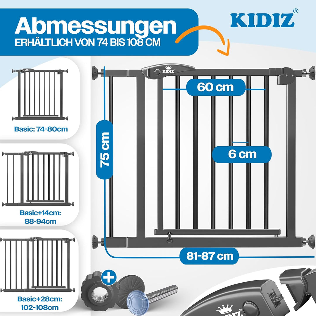 KIDIZ Treppenschutzgitter ohne Bohren | Verstellbare Breite: 81-87 cm, 75 cm hoch, Türschutzgitter u