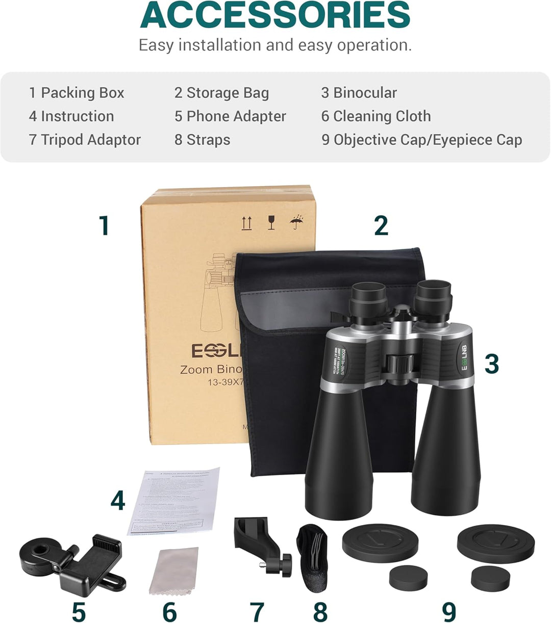 ESSLNB Zoom-Ferngläser 13-39x70 für Sternbeobachtung, mit Smartphone-Adapter, Stativadapter & Aufbew