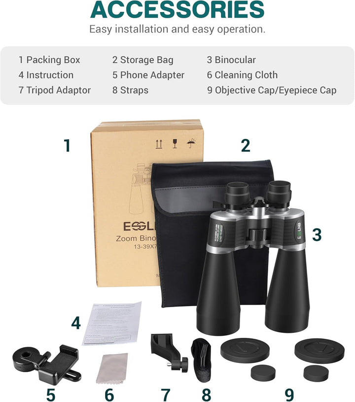 ESSLNB Zoom-Ferngläser 13-39x70 für Sternbeobachtung, mit Smartphone-Adapter, Stativadapter & Aufbew