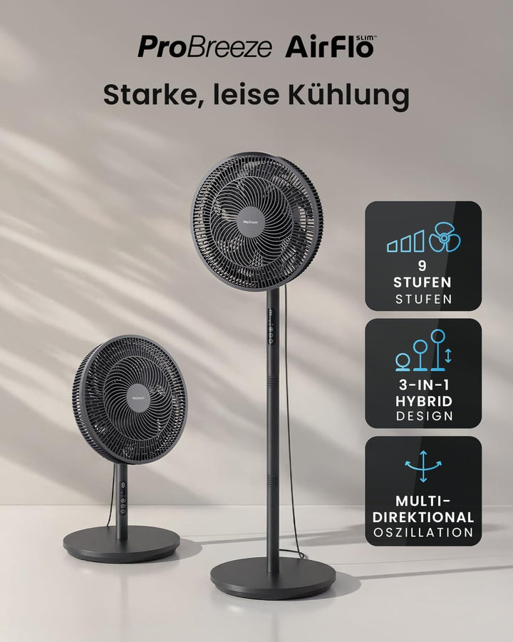Pro Breeze AirFlo Slim Standventilator – 3-in-1 mit 70, 100 & 130 cm, 9 Stufen bis 5,0 m/s, leise mi