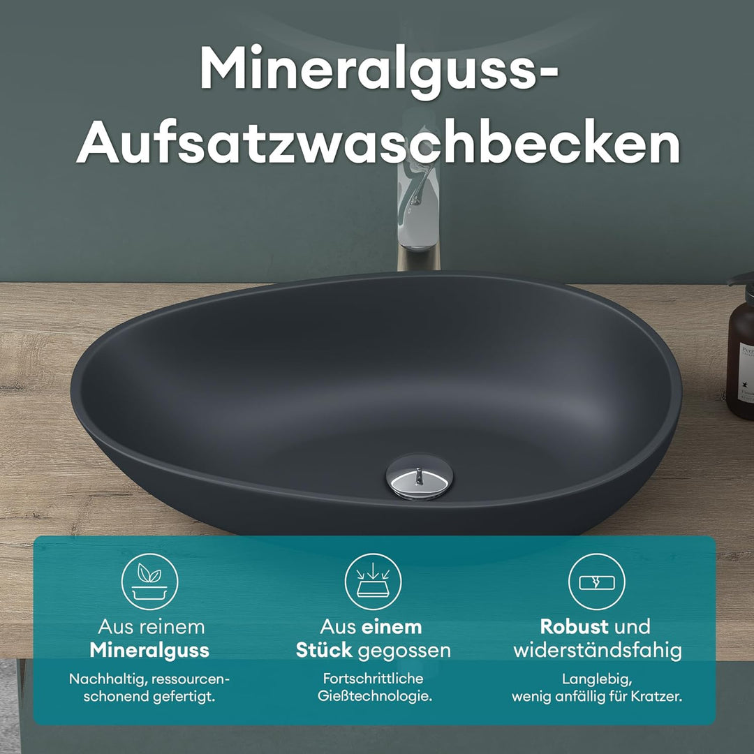Mai & Mai 59,8x36x14cm Waschbecken oval Col809 Aufsatzwaschbecken in Anthrazit matt ohne Hahnloch un