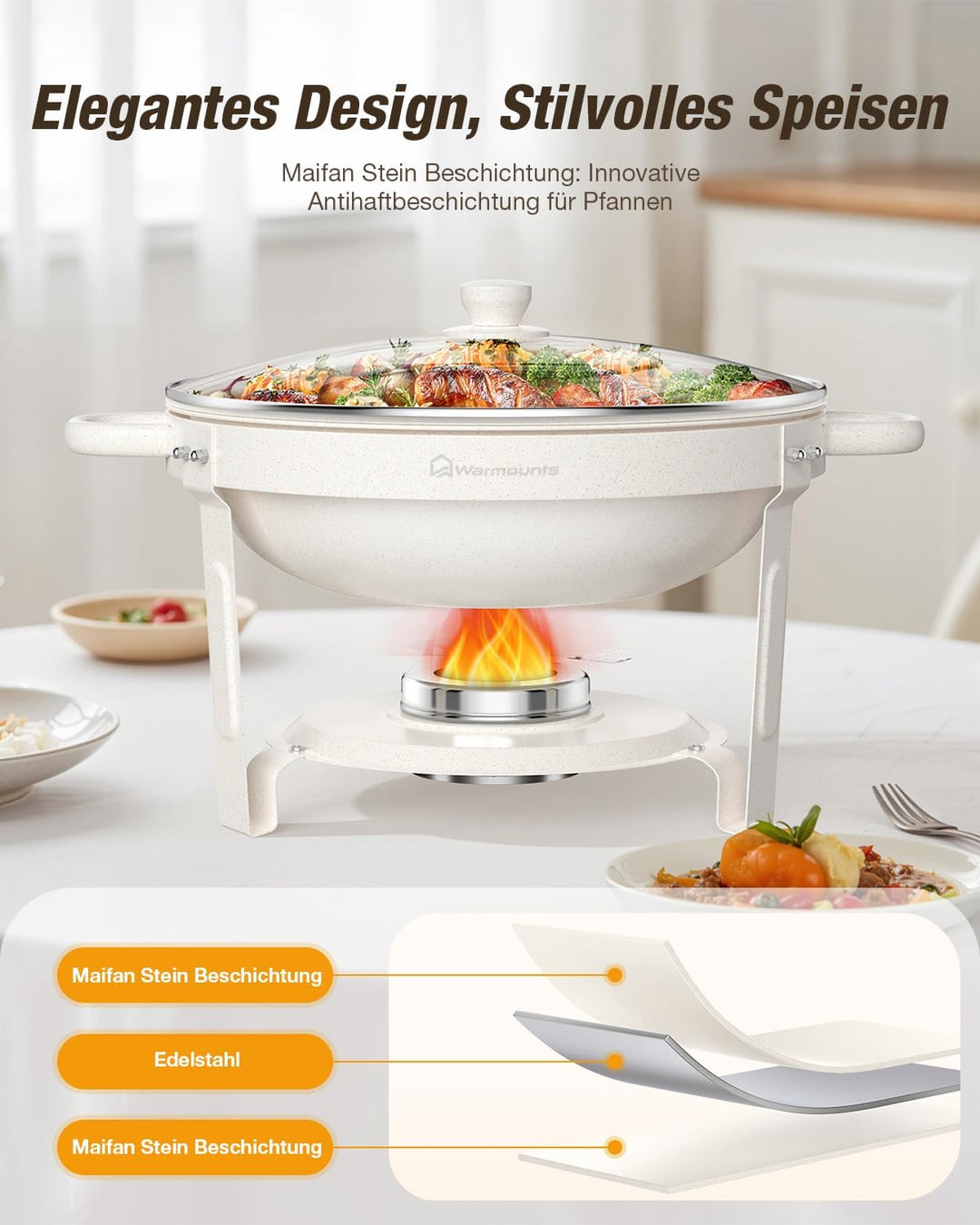 WARMOUNTS Chafing Dish Buffet 5L 4er Set Weisse, Maifan Stein Beschichtung Rund Speisenwärmer für Ca