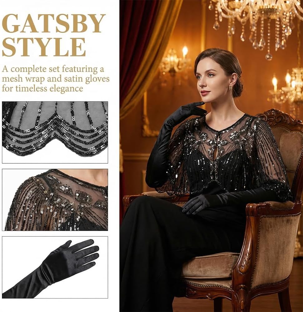 1920er Jahre Retro Schal Set mit Pailletten &amp; Perlen 2 Stück, Umschlagtuch Cape für Damen, Lange Sat