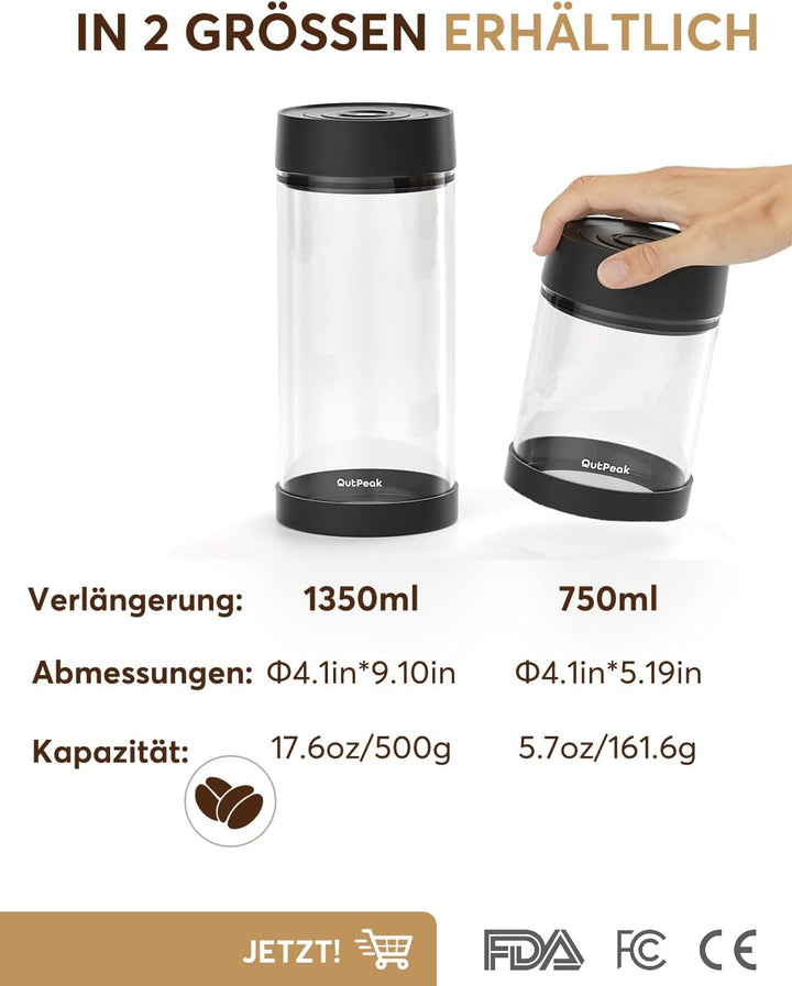 OUTPEAK Neo 6 Monate Frischkaffeebohnen-Aufbewahrung, kleine automatische Vakuumbombe, 0,75 l, Ein-K