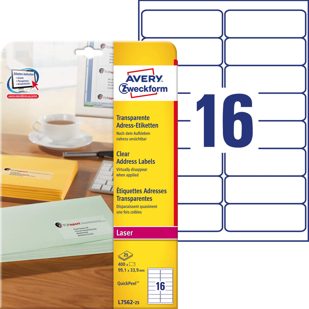 AVERY Zweckform L7562-25 Adressetiketten/Adressaufkleber (400 Etiketten, 99,1x33,9mm auf A4, bedruck