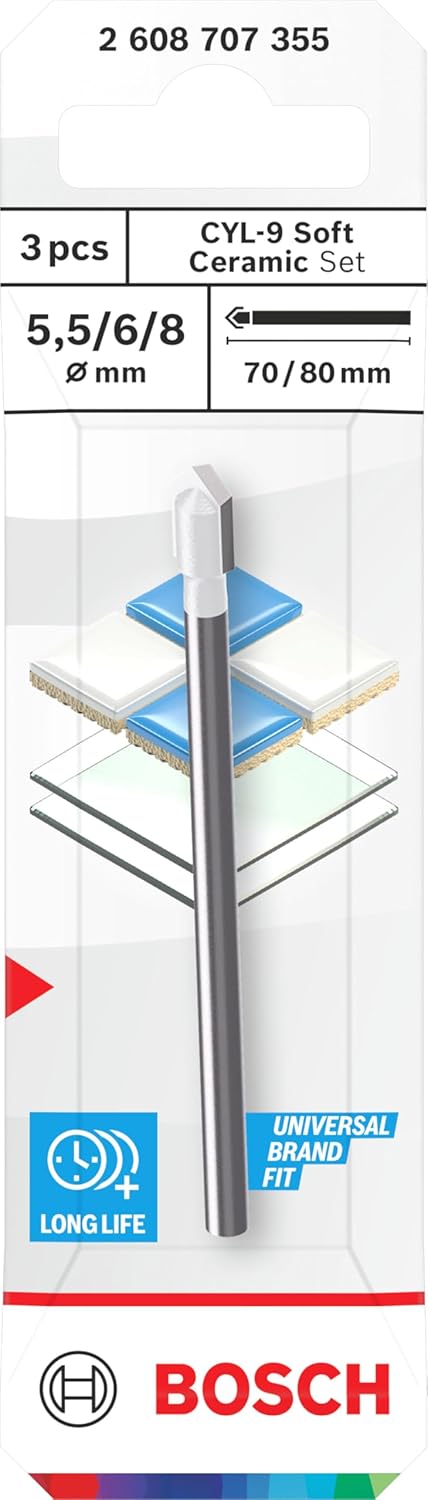 Bosch 3x CYL-9 Soft Ceramic Bohrer Set (für Weiche Fliesen, Glas, Ø 5-8 mm, Professional Zubehör Boh