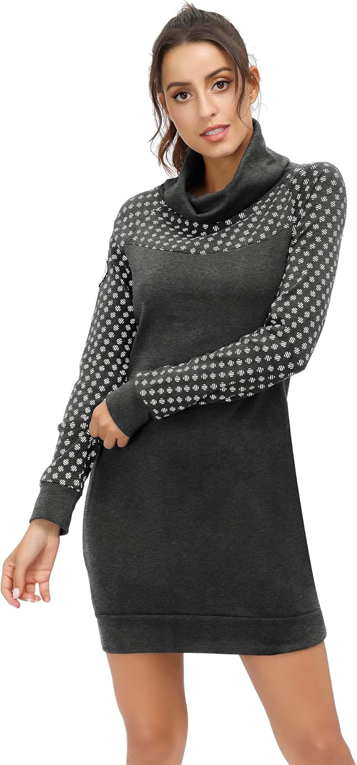 Damen Sweatshirt Langarm Hoodie Kleid Pulloverkleid Rollkragen Sweatkleid Kapuzenpulli Lange Tops M