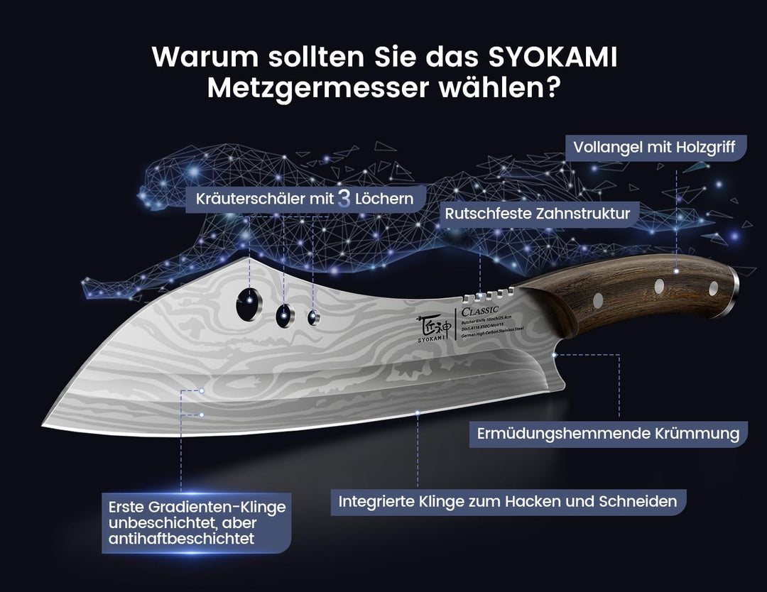 Metzgermesser, Kochmesser mit Kräuterstripper, Japanisches Küchenmesser aus Hochkohlenstoffstahl zum
