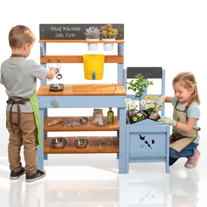 LEADZM Spielküche Matschküche Kinder Outdoor mit Pflanzkasten, Gartenspielküche mit Spüle, Wasserhah