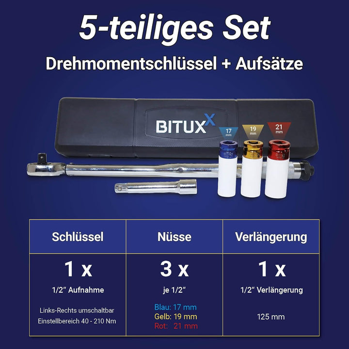 Bituxx® Drehmomentschlüssel Set 1/2" 40-210 Nm Ratsche Drehmoment Schlüssel inkl Felgenschutz Schlag