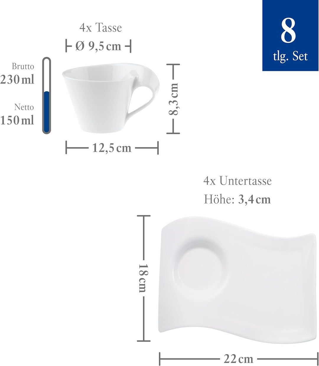 Villeroy &amp; Boch – NewWave Caffè Cappuccino Set 8-teilig für 4 Personen, Kaffeeservice weiss, Capucci