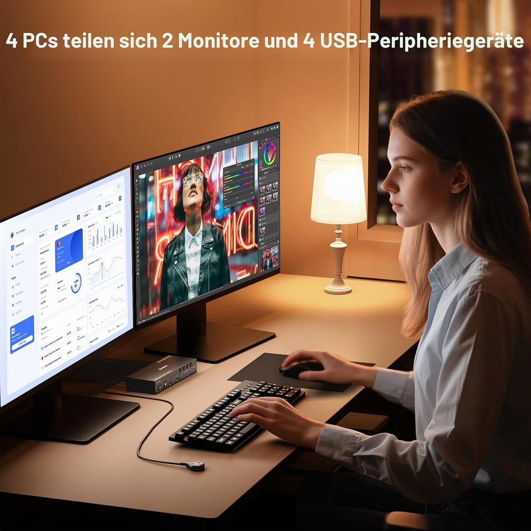 4 Port HDMI KVM Switch 4 PC 2 Monitore 4K@60Hz EDID-Simulation, Dual Monitor KVM Switch mit 4 USB 3.